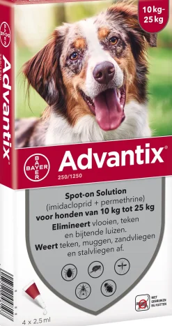 Advantix Spot-on 250 anti vlooien- en tekenmiddel 4 pipetten 10 - 25 kg