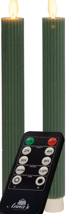 Anna's Collection LED dinerkaars Rib bewegende vlam met timer groen D 2,2 H 23 cm 2 stuks