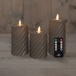 Anna's Collection LED stompkaars Swirl met timer taupe D 7,5 H 10 / 12,5 / 15 cm 3 stuks