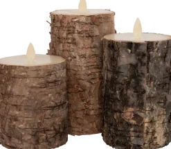 Anna's Collection LED stompkaarsberkenhout structuur bruin D 7,5 H 10 / 12,5 / 15 cm 3 stuks