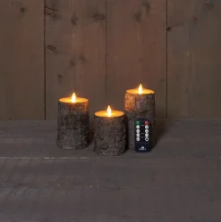 Anna's Collection LED stompkaarsberkenhout structuur bruin D 7,5 H 10 / 12,5 / 15 cm 3 stuks
