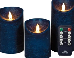 Anna's Collection LED stompkaars Rustiek donker blauw D 7,5 H 10 / 12,5 / 15 cm 3 stuks