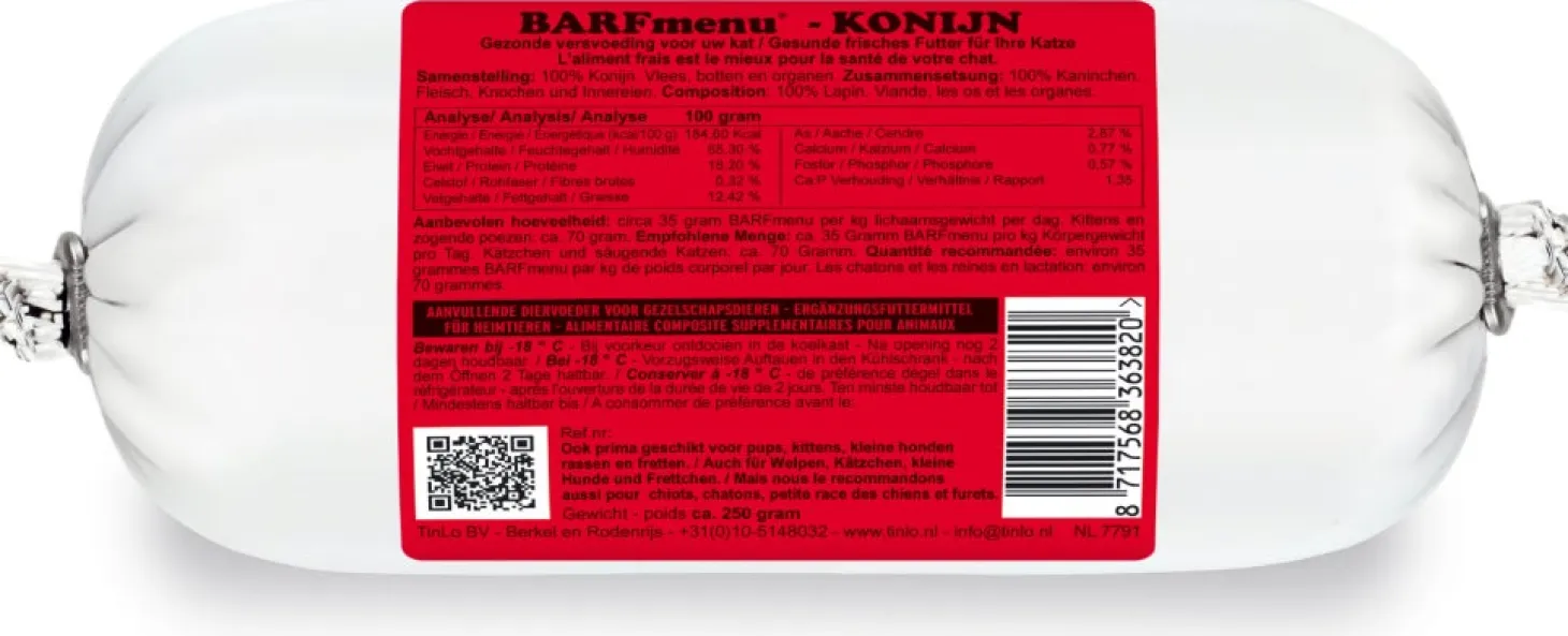 BARFmenu diepvries kattenvoer konijn 250 g