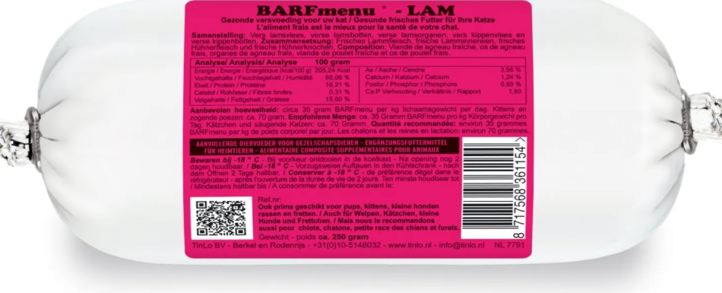 BARFmenu diepvries kattenvoer lam 250 g