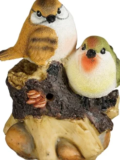 Mica Decorations tuinbeeld vogels op boomstam geel 9 x 8 x 10,5 cm