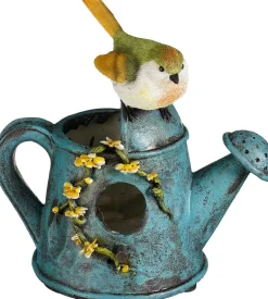 Mica Decorations tuinbeeld vogel op gieter groen 18,5 x 13,5 x 20,5 cm